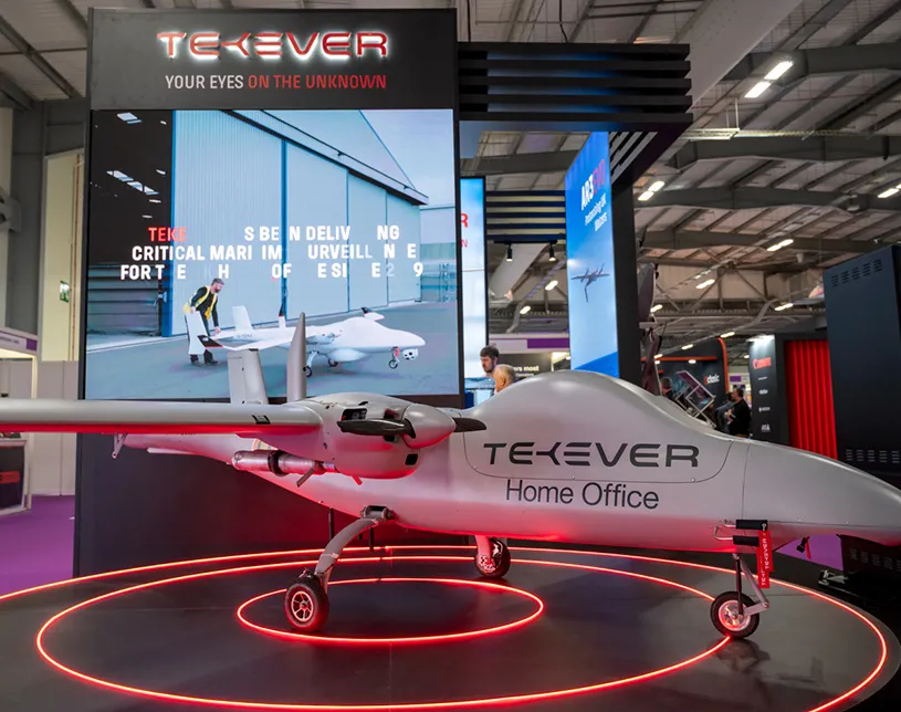 An unmanned aircraft is displayed on the TEKEVER exhibition stand at Security & Policing.