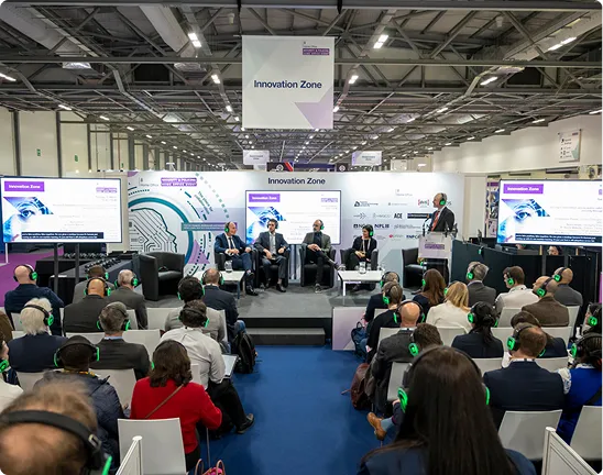 An audience watches a presentation in the Innovation Zone at Security & Policing.