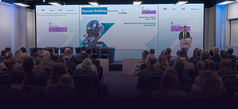 Attendees listen to a presentation in the Keynote Briefing theatre at Security & Policing.